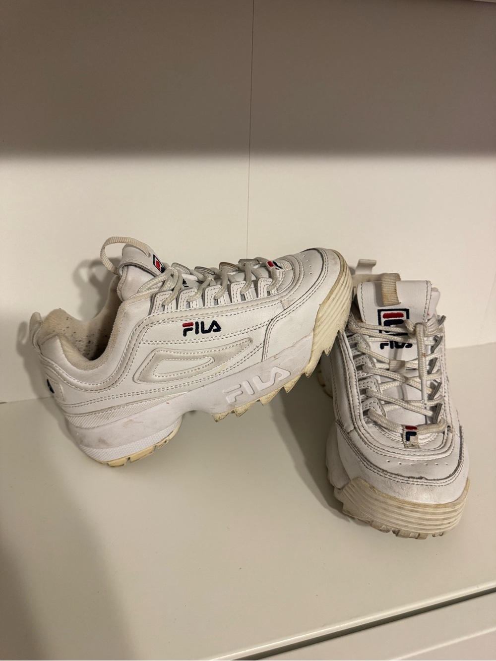 Fila White Chunky Leather Sneakers with Red & Navy Logo